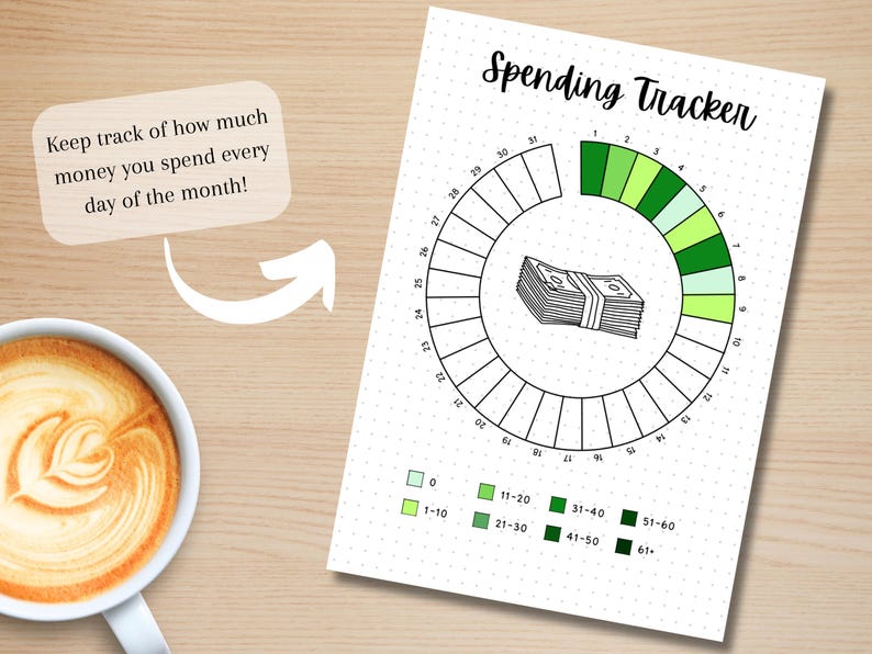 May include: A printable spending tracker with a circle divided into 31 sections, each representing a day of the month. The sections are colour-coded to indicate spending amounts: 0, 1-10, 11-20, 21-30, 31-40, 41-50, 51-60, and 61+. The centre of the circle features a cartoon image of a stack of money.
