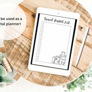 May include: A digital planner on a tablet with a white background. The planner has a black border and the text "Travel Bucket List" at the top. There are several checkboxes and a dotted line for writing. There are also drawings of suitcases at the bottom of the page.