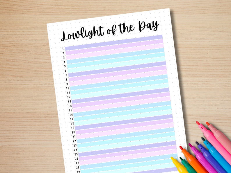 May include: Printable Lowlight of the Day planner with a white background and alternating light blue, pink, and purple stripes. The planner has numbers 1 through 28 listed on the left side.
