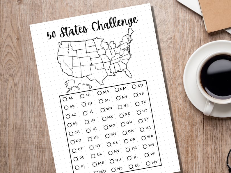 May include: A printable checklist for a 50 states challenge. The checklist includes a map of the United States and a list of all 50 states with checkboxes next to each state.