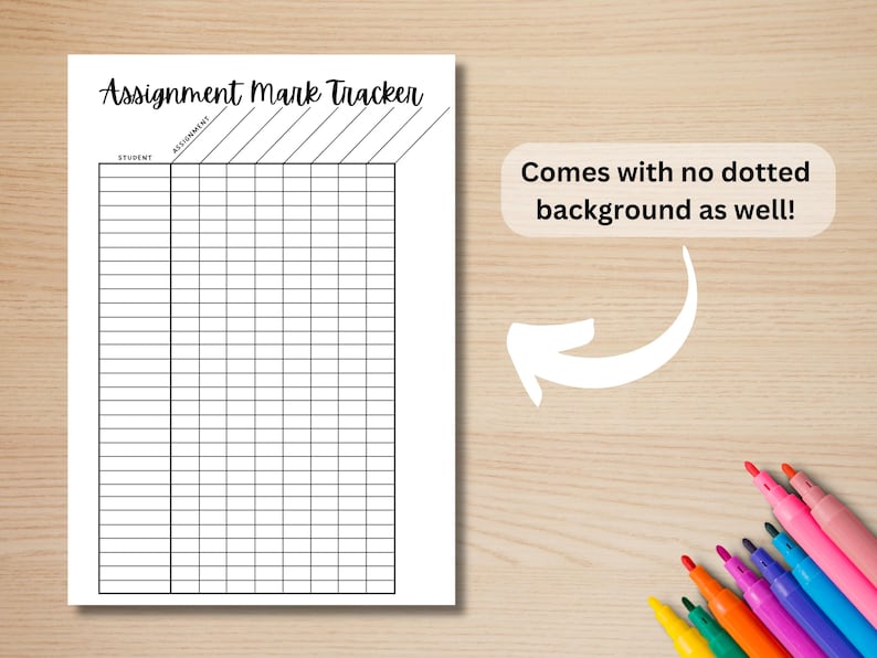 May include: A printable assignment mark tracker with the words "Assignment Mark Tracker" at the top. The tracker has columns for "Student" and "Assignment" and is designed for recording grades.