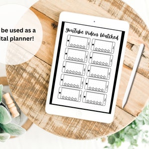 May include: A digital planner template on a tablet screen with a black and white design. The template is for tracking YouTube videos watched and includes a space for rating each video with five stars.