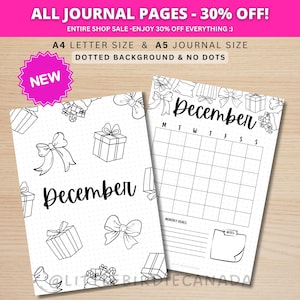 Página de título e calendário de dezembro - Calendário para impressão - Tema de presentes e laços - Página de título e calendário do diário - Capa de dezembro