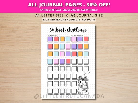 50 Book Reading Challenge - PRINTABLE Journal Page - Reading Tracker - Reading Log - Printable Planner Page- Book Challenge - Reading Game