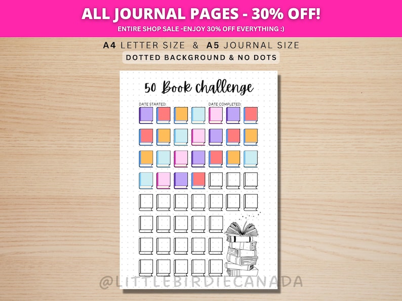 50 Book Reading Challenge - PRINTABLE Journal Page - Reading Tracker ...