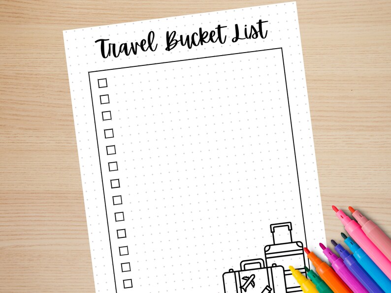 May include: A printable travel bucket list with a dotted background and a black and white illustration of suitcases at the bottom. The list has a black border and a title that says "Travel Bucket List".