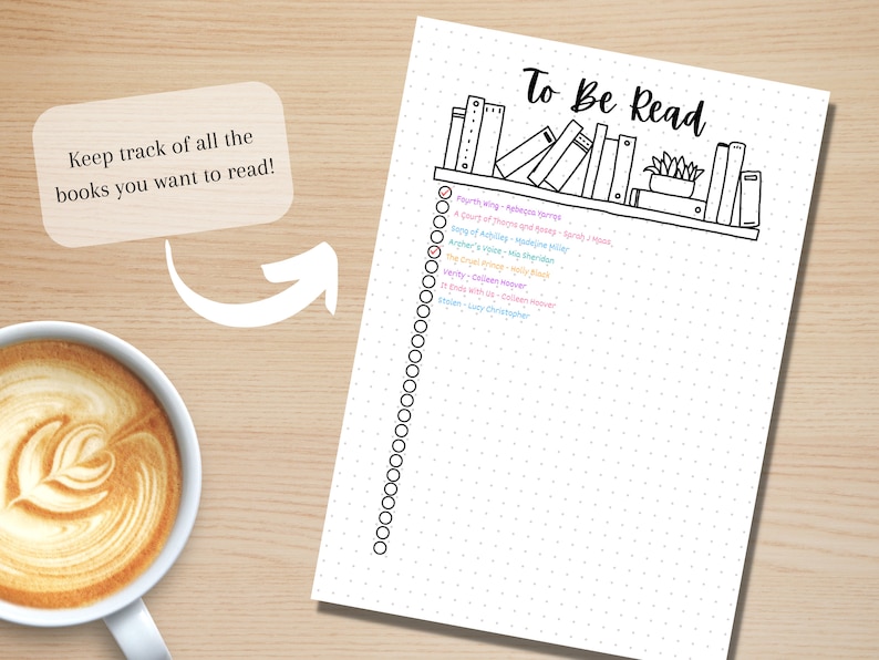 May include: A white sheet of paper with black dotted lines and a black and white illustration of a bookshelf with books. The text "To Be Read" is written in black at the top of the page. A list of book titles is written below the bookshelf.