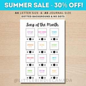 Song of the Month - Yearly Playlist - PRINTABLE Journal Page - Song Tracker - Music Tracker - Playlist of the Year - Playlist Journal Page