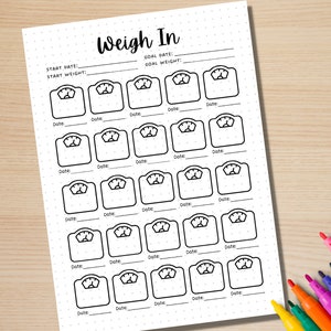 May include: A printable weight tracker with a black and white design. The tracker features a scale icon for each day of the month. The tracker includes spaces to write in the start date, start weight, goal date, and goal weight.