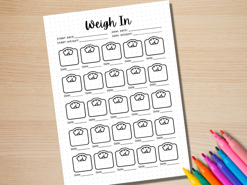 May include: A printable weight tracker with a black and white design. The tracker features a scale icon for each day of the month. The tracker includes spaces to write in the start date, start weight, goal date, and goal weight.