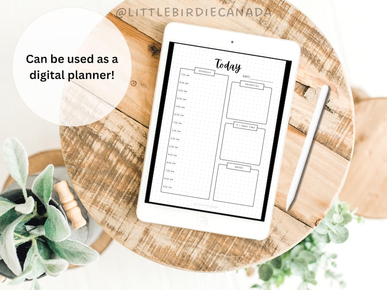 May include: A digital planner template on a tablet screen. The template is designed for daily use and includes sections for scheduling, priorities, to-do list, and notes.