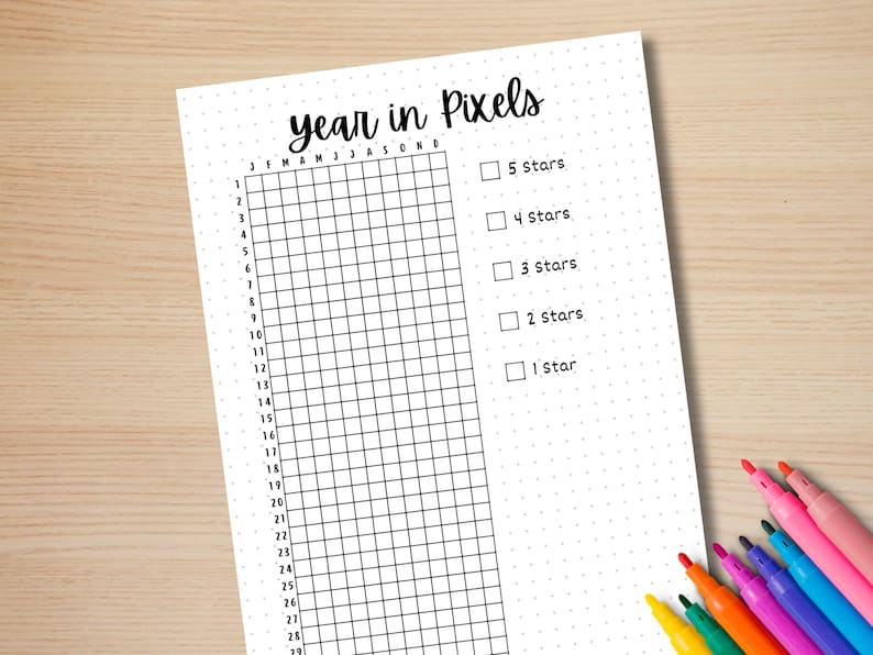 May include: A printable year in pixels tracker with a grid of 28 squares by 28 squares. The grid is labeled with the months of the year and numbers 1 through 28. There are five checkboxes on the right side of the page labeled 5 stars, 4 stars, 3 stars, 2 stars, and 1 star.