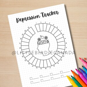 May include: A printable depression tracker with a black and white illustration of a head with flowers growing out of it. The tracker is a circle with numbers 1 through 31 around the edge. The text "Depression Tracker" is at the top of the page.