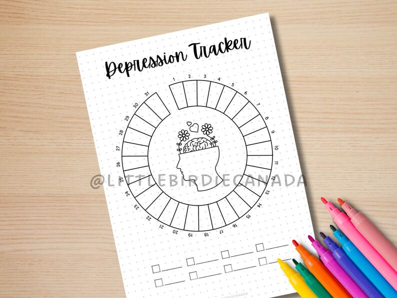 May include: A printable depression tracker with a black and white illustration of a head with flowers growing out of it. The tracker is a circle with numbers 1 through 31 around the edge. The text "Depression Tracker" is at the top of the page.