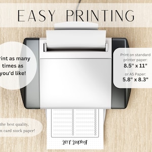 May include: A white printer with a sheet of paper coming out of it. The paper has a grid pattern and the text "Just Jotting" at the bottom. The text "EASY PRINTING" is at the top of the image. The text "Print as many times as you'd like!" is on the left side of the image. The text "Print on standard printer paper: 8.5" x 11" or A5 Paper: 5.8" x 8.3" is on the right side of the image. The text "For the best quality, print on card stock paper!" is at the bottom left of the image.