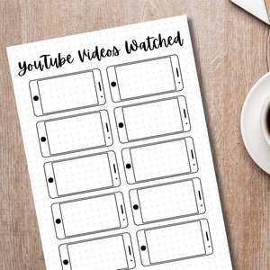 May include: A printable sheet with the text "YouTube Videos Watched" at the top. The sheet is divided into 10 sections, each representing a phone screen, for tracking YouTube videos watched.