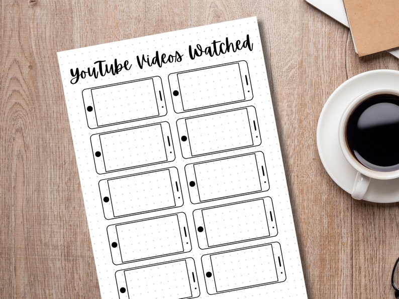 May include: A printable sheet with the text "YouTube Videos Watched" at the top. The sheet is divided into 10 sections, each representing a phone screen, for tracking YouTube videos watched.