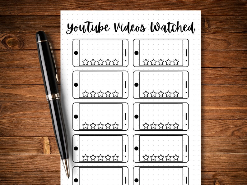 May include: A printable sheet with a black and white design for tracking YouTube videos watched. The sheet has a title "YouTube Videos Watched" and is divided into six sections, each with a rectangle representing a phone screen and five stars below it.