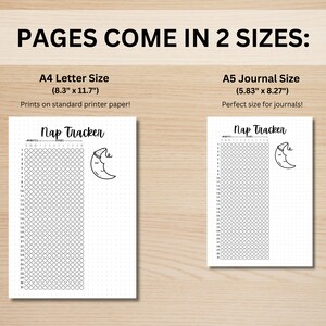 May include: Two white Nap Tracker printables, A4 and A5 sizes, on a wooden surface. The A4 size is 8.3" x 11.7" and the A5 size is 5.83" x 8.27". Each tracker features a grid for tracking naps and a crescent moon graphic.