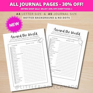 May include: Two white journal pages with the text "Around the World" and country checklists. The pages are A4 and A5 sizes with a dotted background. The top banner reads "ALL JOURNAL PAGES - 30% OFF!"