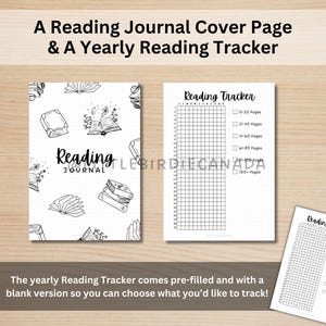 K&ouml;nnte beinhalten: Schwarz-wei&szlig; druckbare Titelseite f&uuml;r ein Lesetagebuch mit einem Buch- und Blumendesign. Die Seite lautet "Reading Journal". Das Bild enth&auml;lt auch einen schwarz-wei&szlig; druckbaren j&auml;hrlichen Lesetracker mit einem Raster und Kontrollk&auml;stchen zum Verfolgen von gelesenen B&uuml;chern nach Seitenzahl.