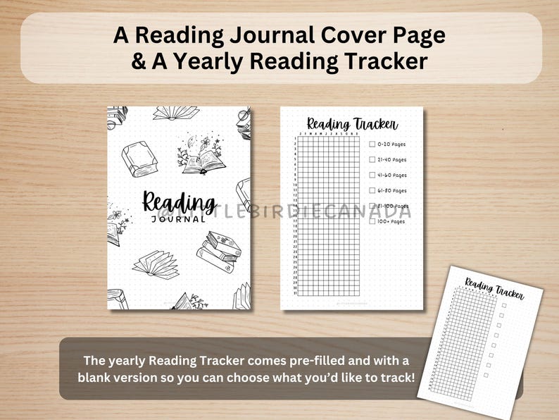K&ouml;nnte beinhalten: Schwarz-wei&szlig; druckbare Titelseite f&uuml;r ein Lesetagebuch mit einem Buch- und Blumendesign. Die Seite lautet "Reading Journal". Das Bild enth&auml;lt auch einen schwarz-wei&szlig; druckbaren j&auml;hrlichen Lesetracker mit einem Raster und Kontrollk&auml;stchen zum Verfolgen von gelesenen B&uuml;chern nach Seitenzahl.
