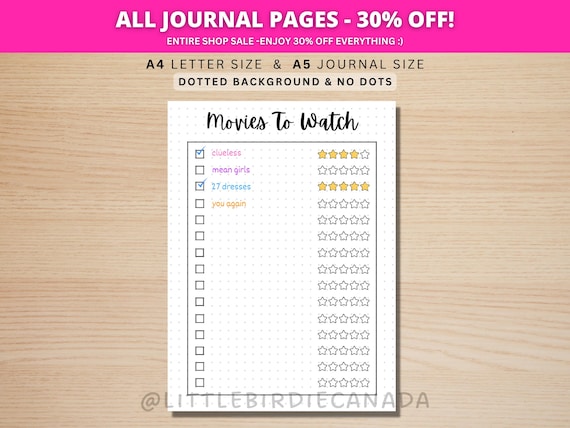 Movies To Watch - PRINTABLE Journal Page - Planner Page - Movie Watching Journal Tracker - Printable Movie List - Movie Recommendation List