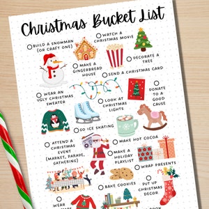 May include: A printable Christmas bucket list with illustrations of activities like building a snowman, watching a Christmas movie, decorating a tree, and more.