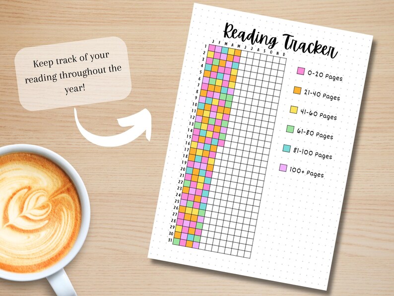 May include: A reading tracker with a grid of squares to track reading progress throughout the year. The grid is colour-coded to indicate the number of pages read: 0-20, 21-40, 41-60, 61-80, 81-100, and 100+.
