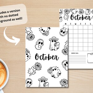 May include: Printable October calendar featuring a cute ghost and flower pattern. The calendar includes a section for monthly goals and notes.
