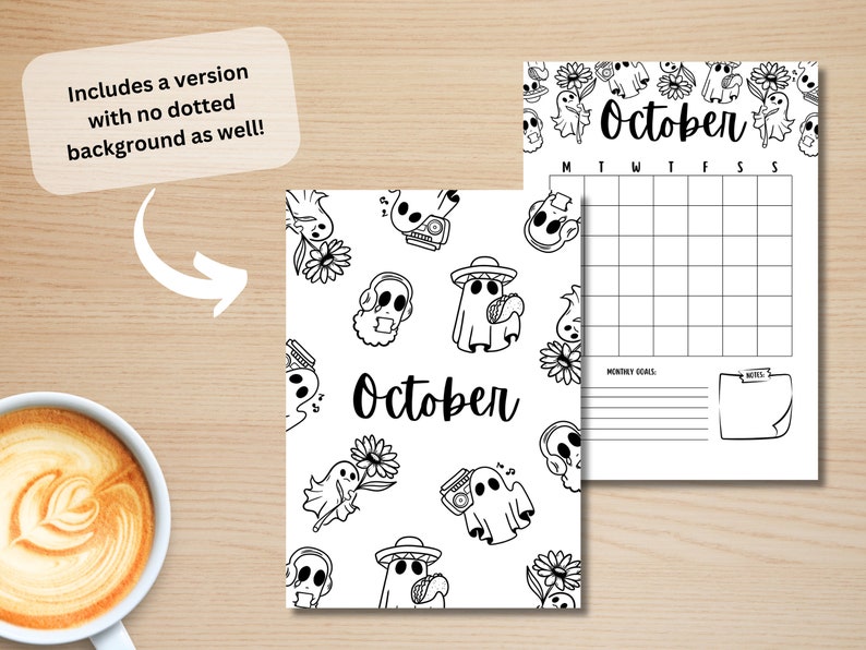 May include: Printable October calendar featuring a cute ghost and flower pattern. The calendar includes a section for monthly goals and notes.