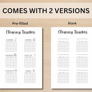 May include: Two printable cleaning tracker pages. The first page is pre-filled with a list of cleaning tasks: floors, dishes, laundry, pick up, wipe/dust, and trash. The second page is blank. Both pages have a grid layout with days of the week labeled at the top.