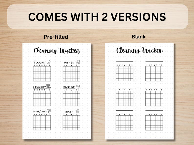 May include: Two printable cleaning tracker pages. The first page is pre-filled with a list of cleaning tasks: floors, dishes, laundry, pick up, wipe/dust, and trash. The second page is blank. Both pages have a grid layout with days of the week labeled at the top.