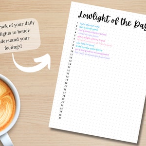 May include: A printable worksheet with a dotted background and the title "Lowlight of the Day". The worksheet has a numbered list of 30 blank lines for writing down daily lowlights.