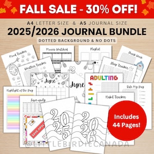 LOT DE JOURNAL 2025/2026 - Pages de journal imprimables - Pages d&#39;agenda numérique - Formats A5 et A4 - Journal 2025 - Journal 2026 - Paquet économique