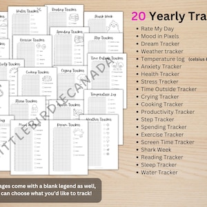 May include: A collection of 20 printable yearly tracker pages featuring black and white grid layouts for monitoring habits like sleep, water intake, reading, exercise, and mood. The text lists 20 trackers including Rate My Day and Temperature log.