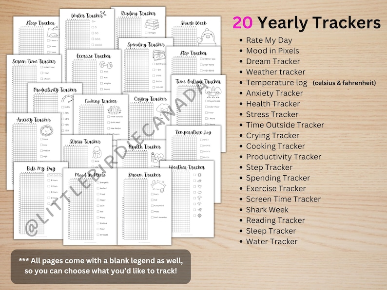 May include: A collection of 20 printable yearly tracker pages featuring black and white grid layouts for monitoring habits like sleep, water intake, reading, exercise, and mood. The text lists 20 trackers including Rate My Day and Temperature log.