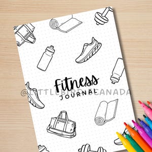 May include: Black and white illustration of a fitness journal cover with a repeating pattern of dumbbells, water bottles, running shoes, yoga mats, and gym bags. The text "Fitness Journal" is in the center of the page.