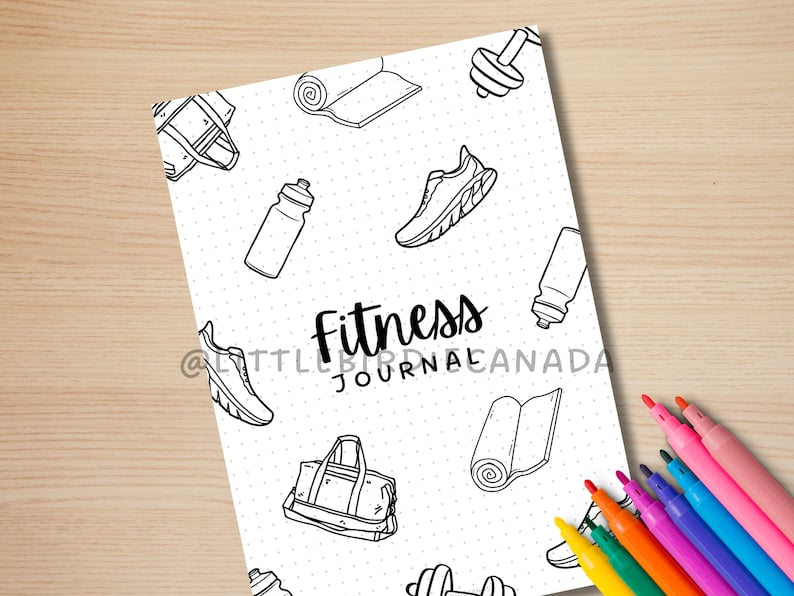 May include: Black and white illustration of a fitness journal cover with a repeating pattern of dumbbells, water bottles, running shoes, yoga mats, and gym bags. The text "Fitness Journal" is in the center of the page.