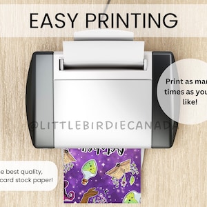 May include: A white printer is shown printing a purple and white design. The text "EASY PRINTING" is at the top. The image also includes the text "Print as many times as you'd like!" and "For the best quality, print on card stock paper!"