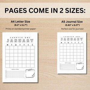 Puede incluir: Dos p&aacute;ginas de calendario imprimibles para enero, una en tama&ntilde;o A4 (21 cm x 29,7 cm) y otra en tama&ntilde;o A5 (14,8 cm x 21 cm). Ambas p&aacute;ginas cuentan con una cuadr&iacute;cula para entradas diarias, una secci&oacute;n para objetivos mensuales y una secci&oacute;n de notas con un icono de nota adhesiva.