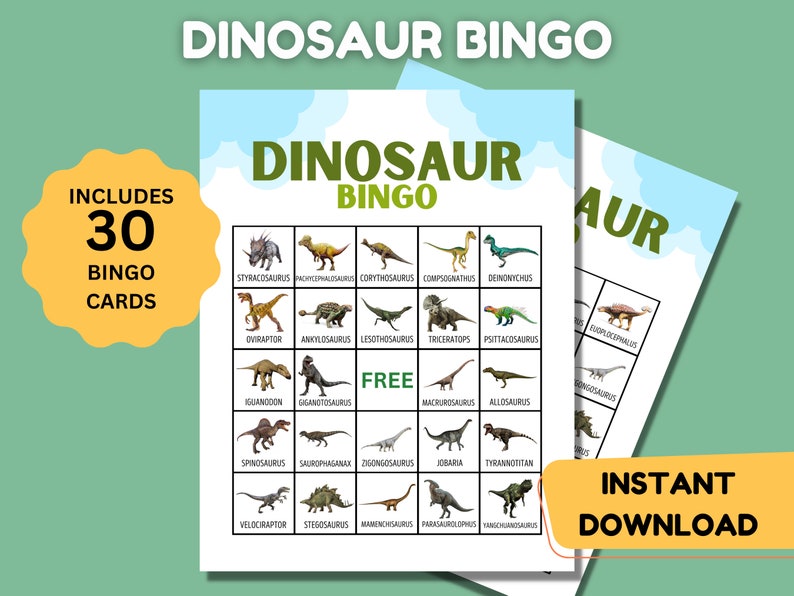 Printable Bingo Game for Kids Dinosaur Activity Printable Etsy