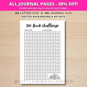 200 Book Reading Challenge - A5 Journal Page - Reading Tracker - Reading Log - PRINTABLE Planner Page- Book Challenge - Reading Game