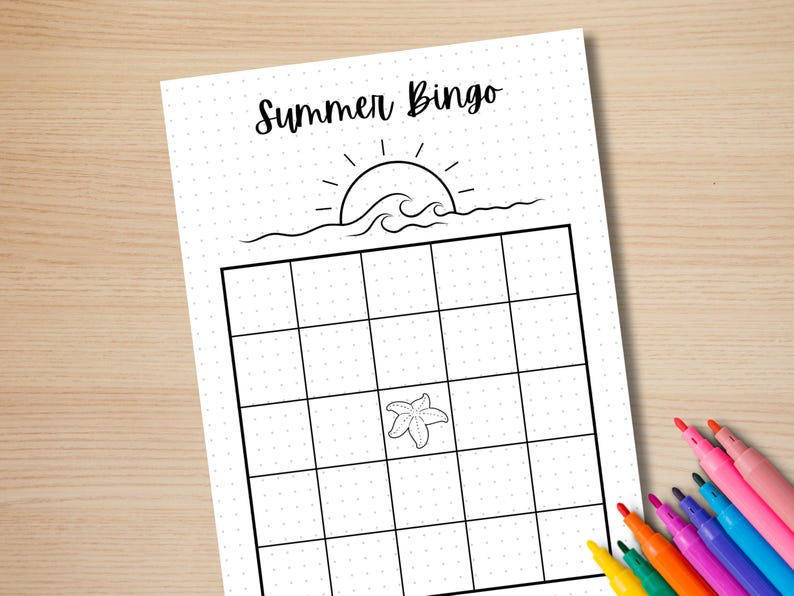 May include: A printable summer bingo card with a black and white illustration of a sun setting over waves at the top. The card has a 5x5 grid with blank squares.