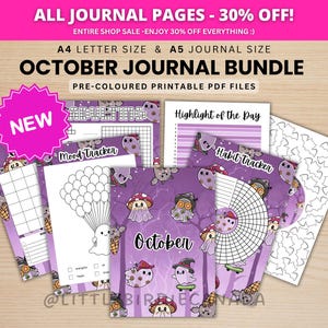 May include: A collection of printable journal pages featuring purple backgrounds with ghost and mushroom illustrations. The pages include text such as October, Mood Tracker, and Habit Tracker, designed in A4 and A5 sizes for digital printing.