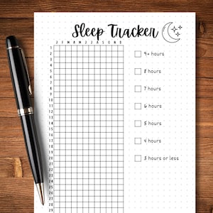 May include: A black and white printable sleep tracker with a crescent moon and stars graphic. The tracker has a grid for each day of the month and a checklist for tracking sleep duration in hours. The checklist includes options for 9+ hours, 8 hours, 7 hours, 6 hours, 5 hours, 4 hours, and 3 hours or less.