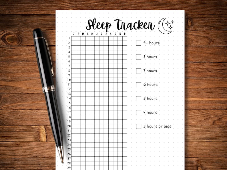 May include: A black and white printable sleep tracker with a crescent moon and stars graphic. The tracker has a grid for each day of the month and a checklist for tracking sleep duration in hours. The checklist includes options for 9+ hours, 8 hours, 7 hours, 6 hours, 5 hours, 4 hours, and 3 hours or less.