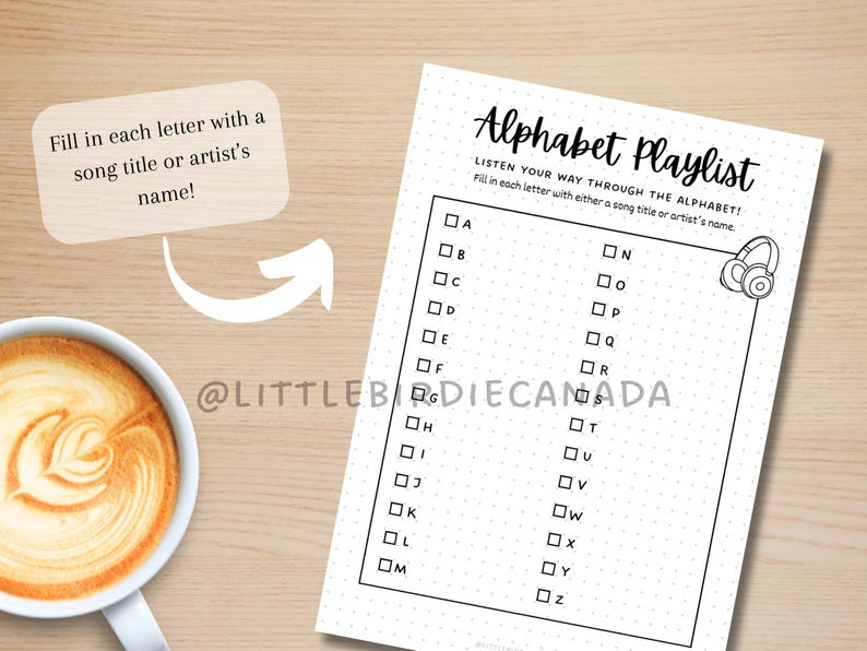 Alphabet Playlist Challenge - PRINTABLE Journal Page - Planner Page ...
