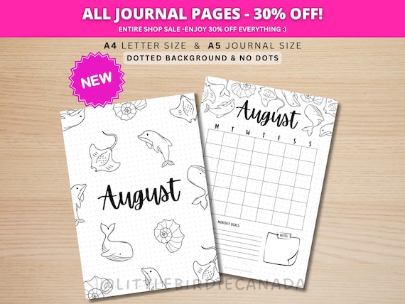August Title Page and Calendar - PRINTABLE Calendar - Sea Creature Theme - Journal Title Page - August Cover Page