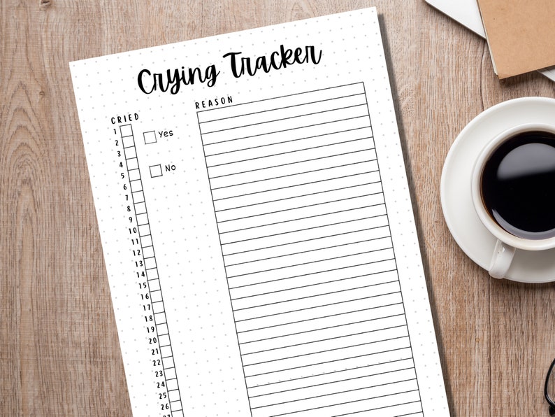May include: A printable crying tracker with a dotted background. The tracker has a column for the number of times you cried and a column for the reason. There are checkboxes for "Yes" and "No" to indicate if you cried.